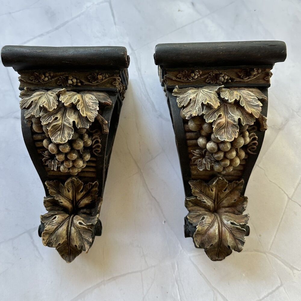 Vintage Decorative Grape Corinthian Bracket Wall Sconces Corbel Set of 2 Drapery
